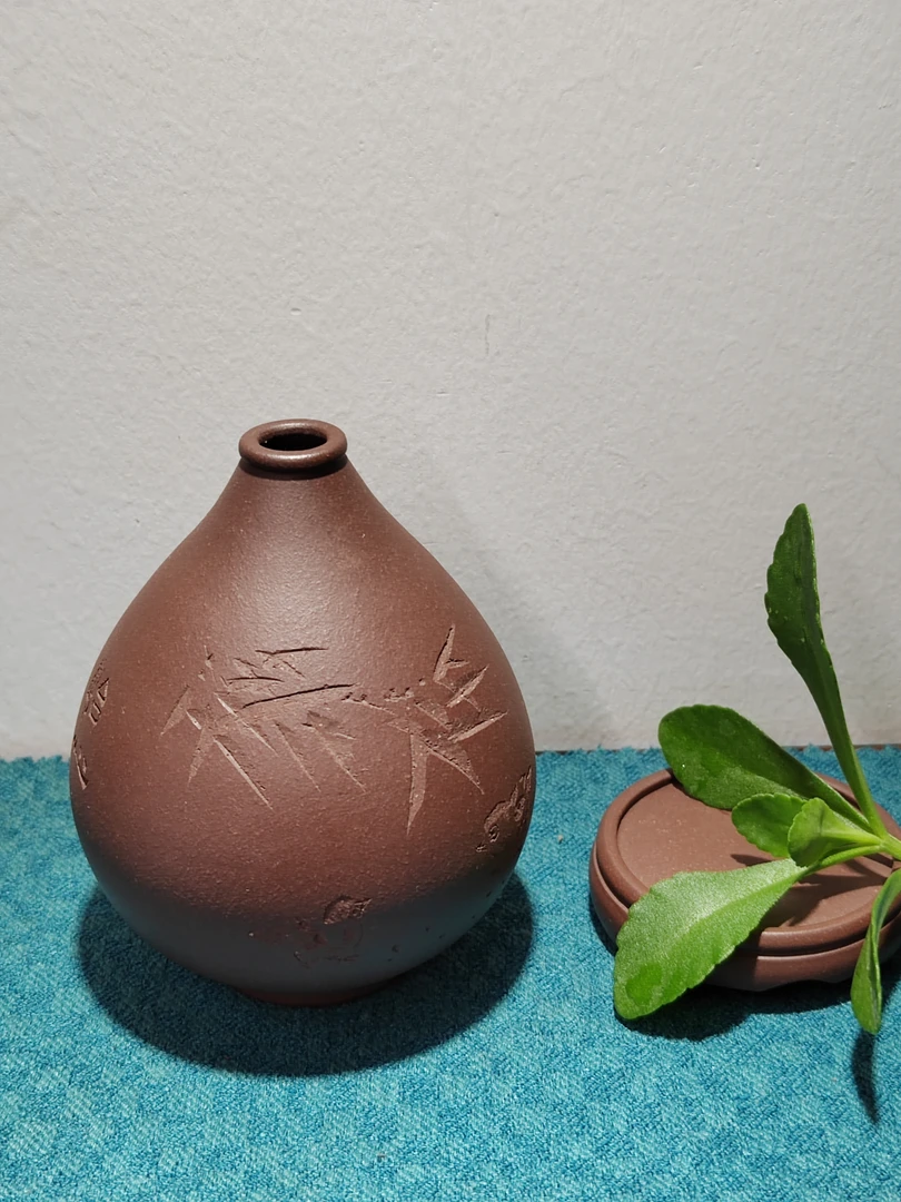 二件套微型花瓶 老紫泥  带刻绘   手工制作   文房摆件