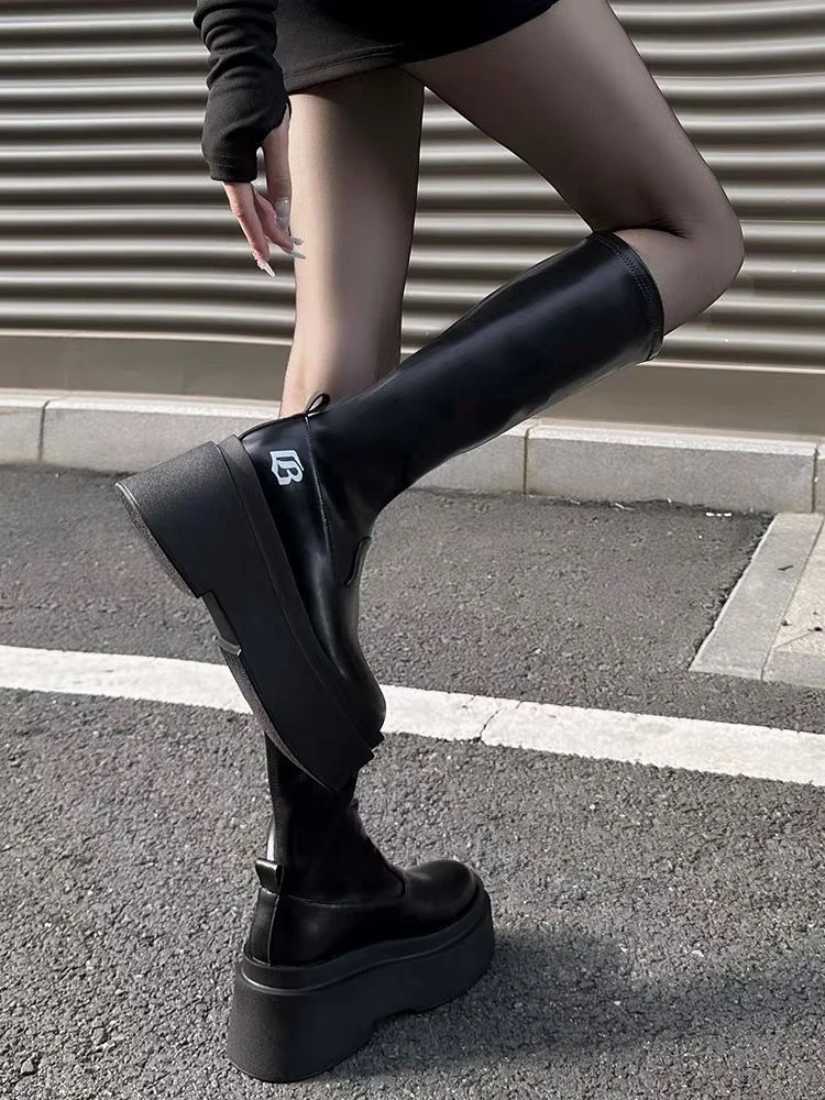 RY欧美风靴子弹力瘦瘦靴厚底增高小个子长筒靴不过膝辣妹高筒骑士