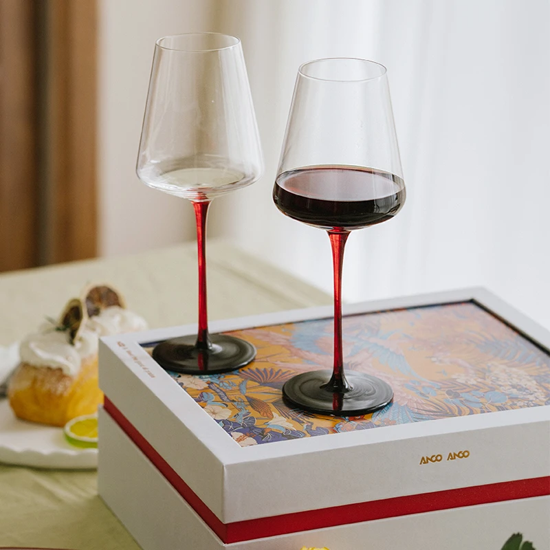 ANHUA水晶红酒杯轻奢红杆礼盒套葡萄酒结婚七夕礼物红领结高脚杯