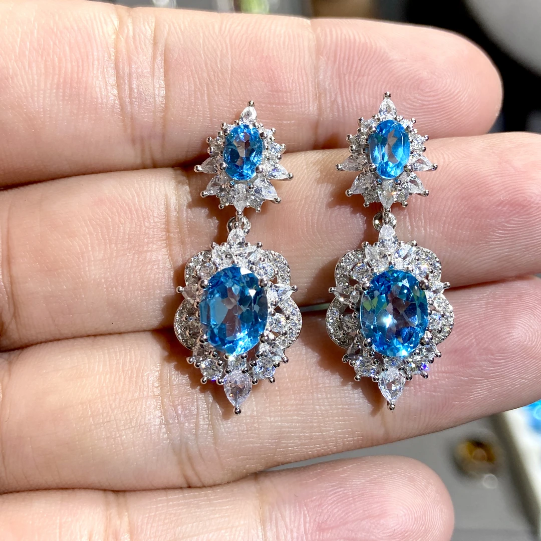 瑞士蓝托帕石耳坠S925银豪镶时尚蓝色气质经典豪华精致满钻耳环