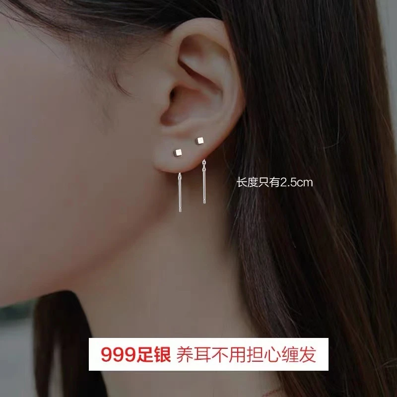 足银耳饰 999冷淡风方块耳线女小巧珠子几何耳饰养耳洞睡觉免摘女