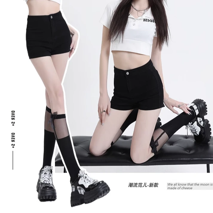 辣妹风热裤女爆款2024新款春夏遮肉高腰修身弹力黑色包臀外穿短裤