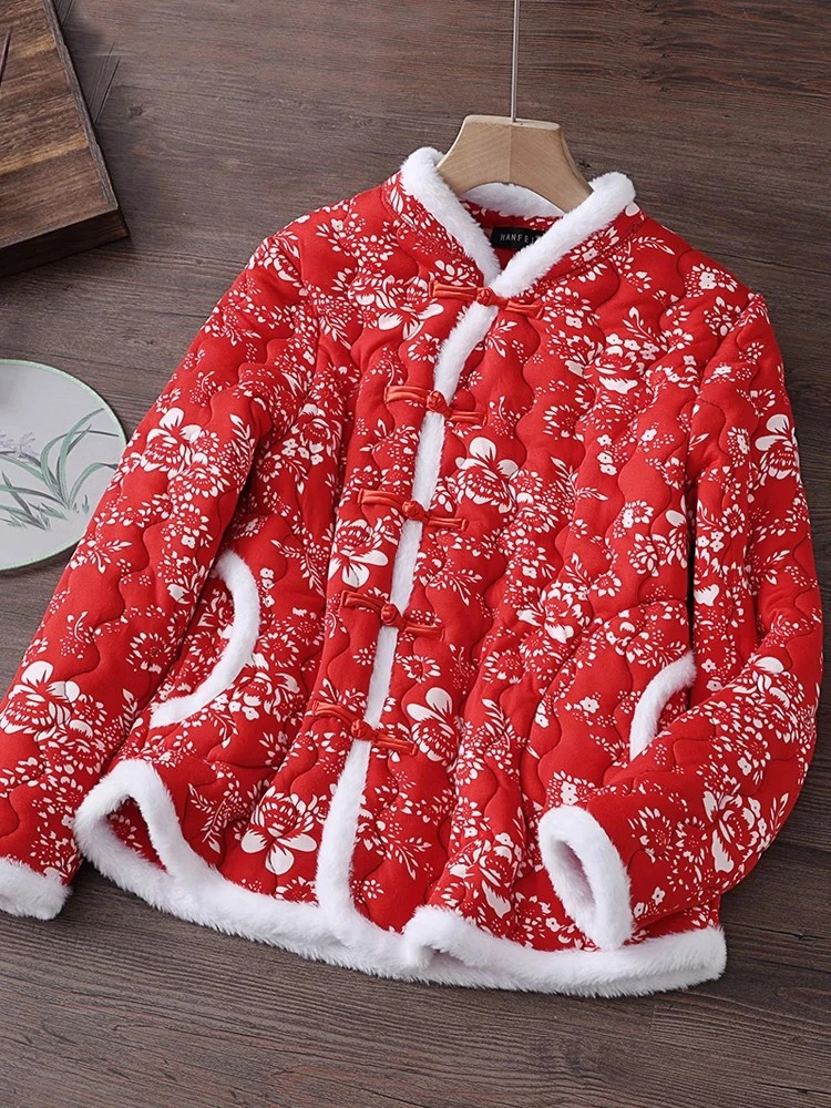 花棉袄中式复古白毛边大花袄网红加厚盘扣民族风拜年服中国风