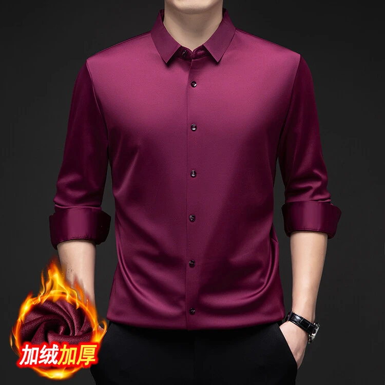 长袖无痕免烫加绒加厚纯板男士休闲商务衬衫秋冬款爸爸装保暖