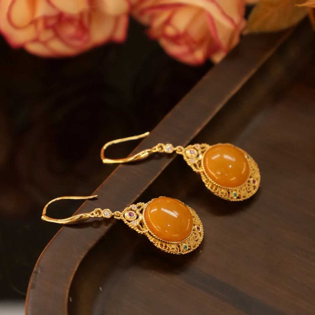 【心如珠宝】蜜蜡蛋面耳坠DJ