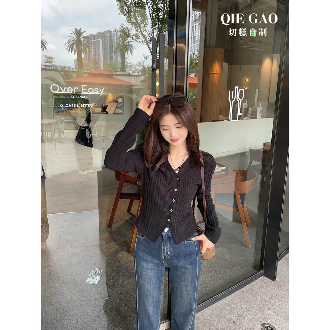 6月切糕自制气质简约长袖针织衫女小个子百搭收腰显瘦开衫毛衣