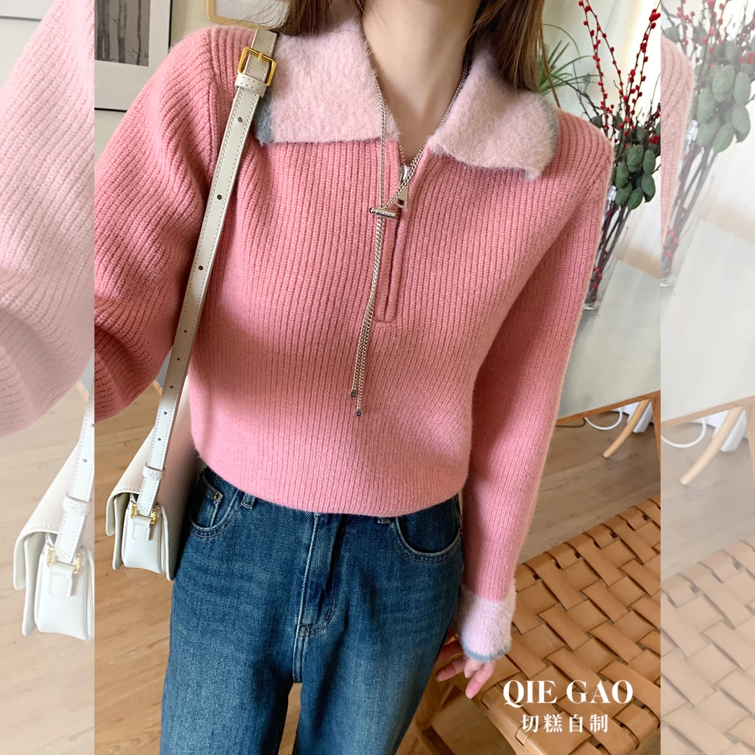 切糕自制【柔焦少女】小个子翻领显瘦粉色毛衣甜美女拼接撞色上衣