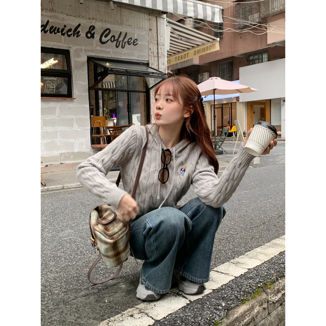 【福利清仓NO退NO换】【塔林灰调】小个子秋冬时尚显瘦针织连帽毛衣