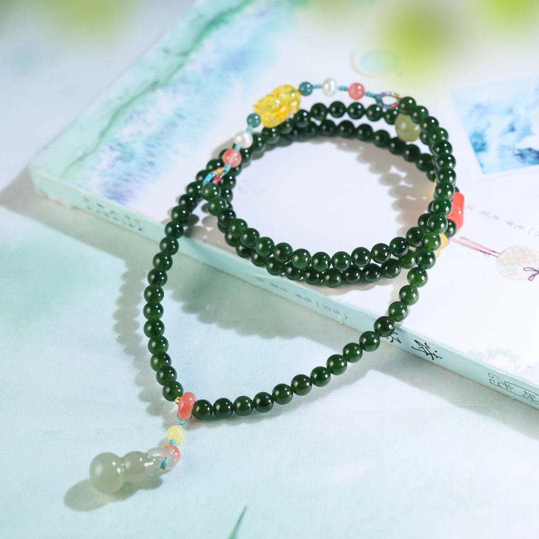 白玉世家碧玉108项链6m和田玉项链108珠串女款颈饰秋冬百搭新品