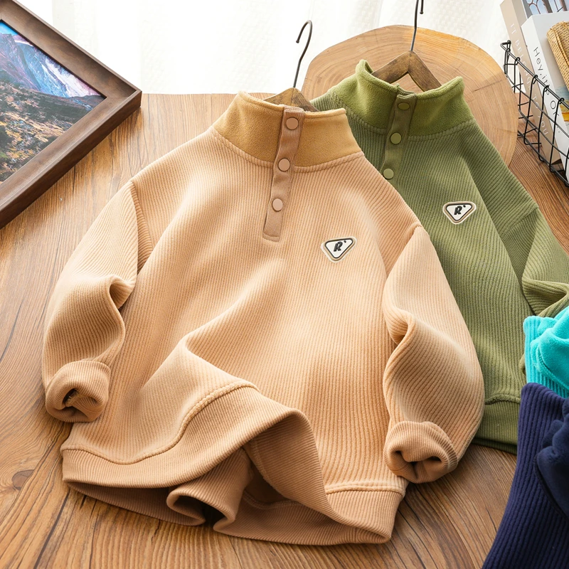 儿童男童秋冬新款三角标开领双面绒卫衣中大童立领加绒保暖套头衫