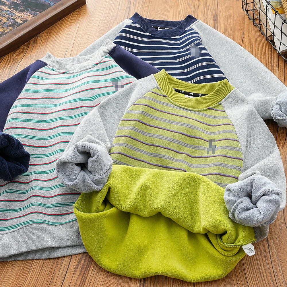 男童一体绒卫衣儿童条纹加厚圆领衫秋冬装2024新款男孩加绒打底衫