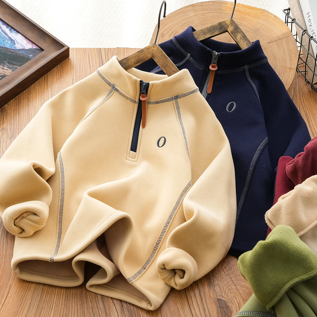 男女童加绒卫衣男孩一体绒半开领打底衫冬装2024新款加厚防风上衣