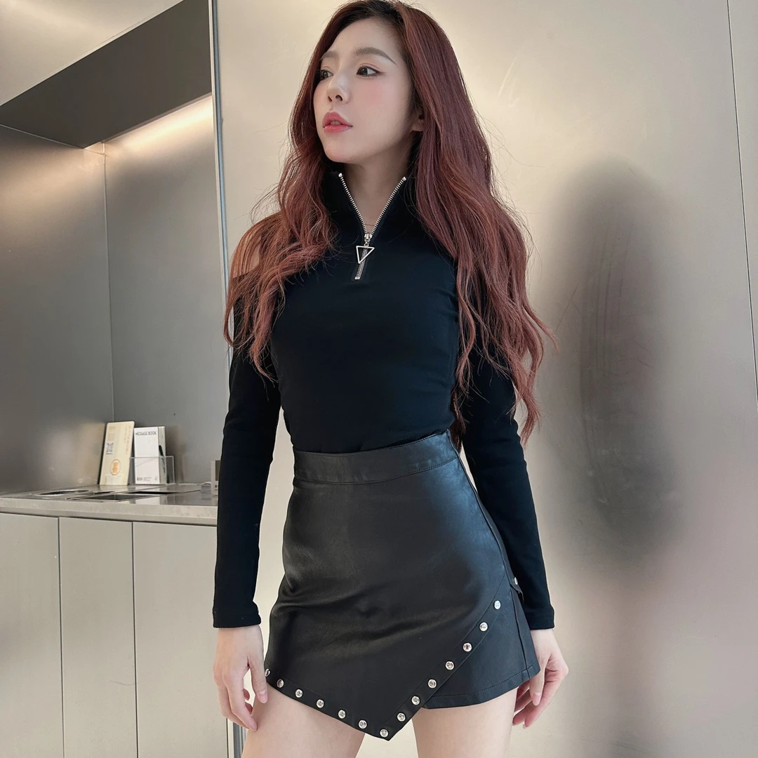 新姿奇铆钉高腰a裙裤不规则修身显瘦欧美2024秋冬时尚pu皮裙裤女