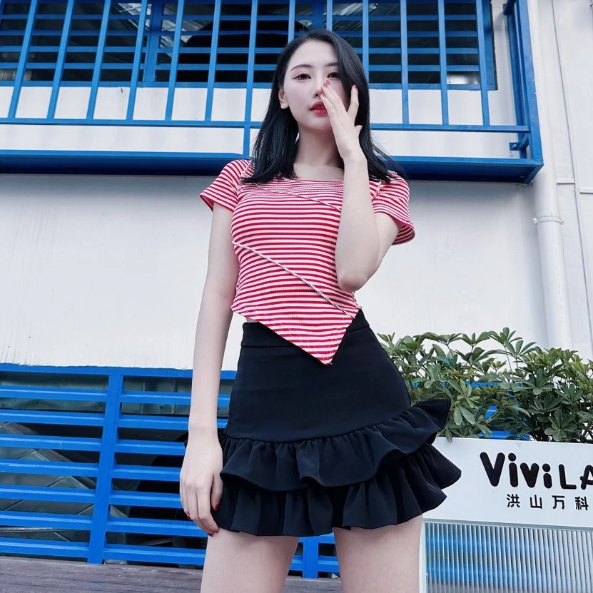 新姿奇欧美街头a字显瘦拼接高腰半身裙双层花边裙摆短裙2024夏季