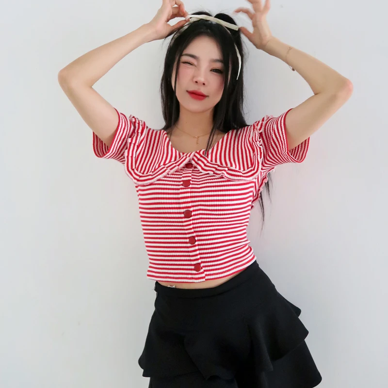 新款波浪大翻领夏季新款T恤单排扣棉弹力显瘦露肩条纹短款上衣