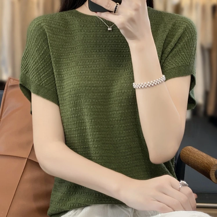 夏季可穿精纺细羊毛衫女针织薄款无缝一体包肩袖软糯舒适透气轻薄