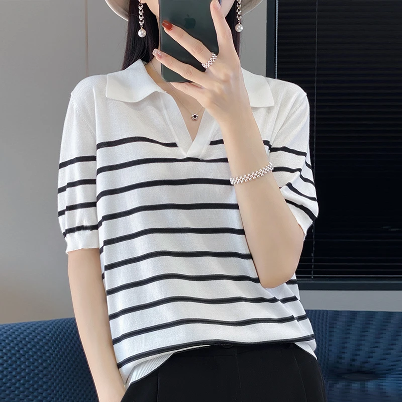 时尚百搭2023夏季新款桑蚕丝天丝条纹撞色针织衫T恤领短袖上衣p