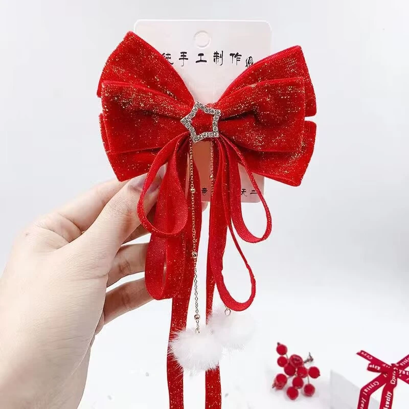中国风公主新年喜庆红色大蝴蝶结金丝绒头饰