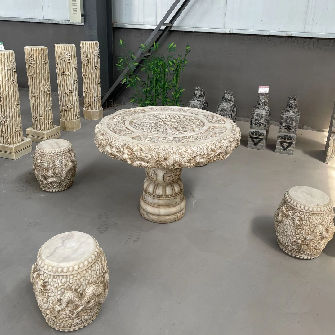 石桌石凳石雕庭院茶台天然汉白玉做旧雕龙茶台仿古圆桌室外别墅