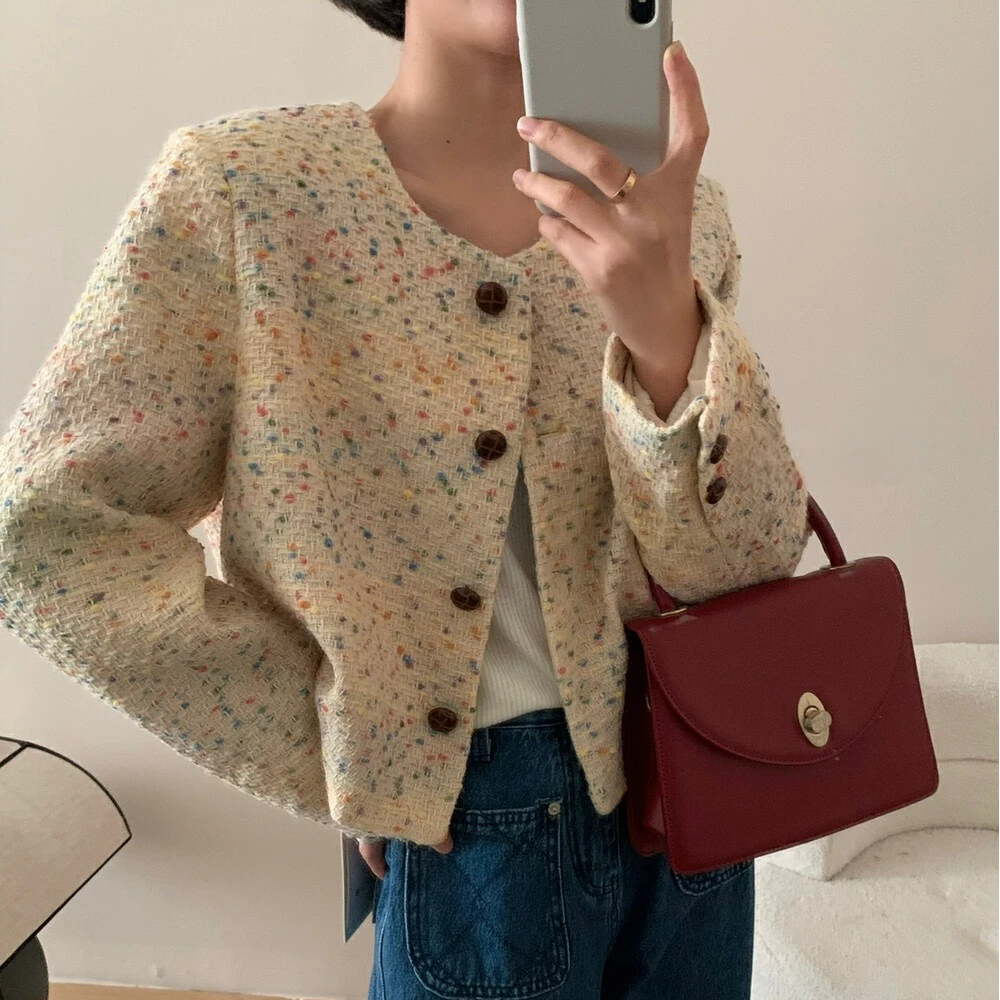 复古气质彩色小香风外套女秋季高级感宽松洋气百搭短款粗花呢上衣