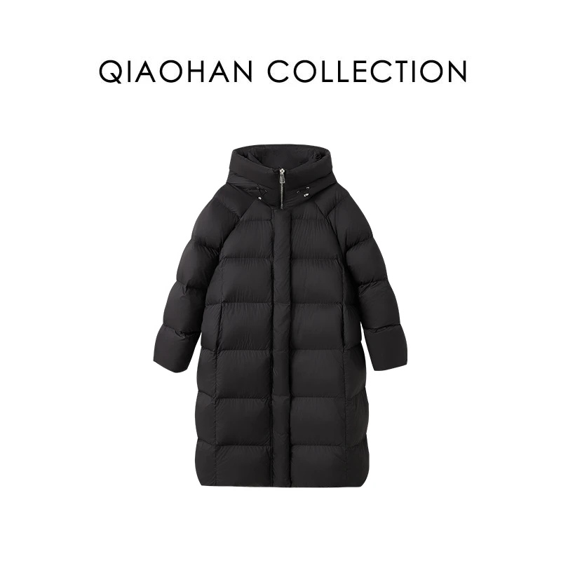 【俏韩— 御寒羽皇】加厚长款廓形连帽白鸭绒纯色面包保暖羽绒服