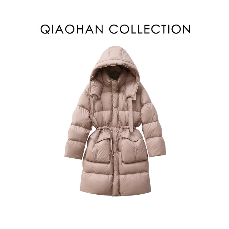 【俏韩—暖冬】泡芙款白鹅绒加厚连帽中长款时尚女款简约保暖鹅绒服