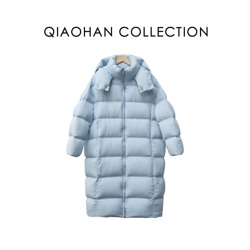 【俏韩—雪人】加厚冬季白鹅绒长款连帽过膝长款百搭保暖宽松羽绒服