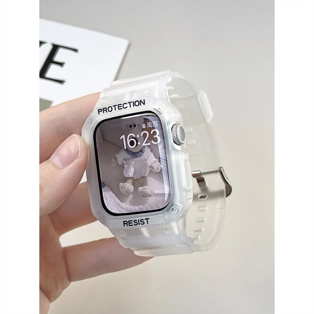 适用applewatch硅胶一体式表带苹果手表S8保护壳9透明运动冰川45