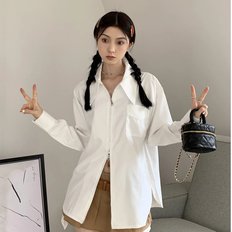白色衬衫内搭女春装设计感小众双拉链衬衣高级感法式独特别致上衣