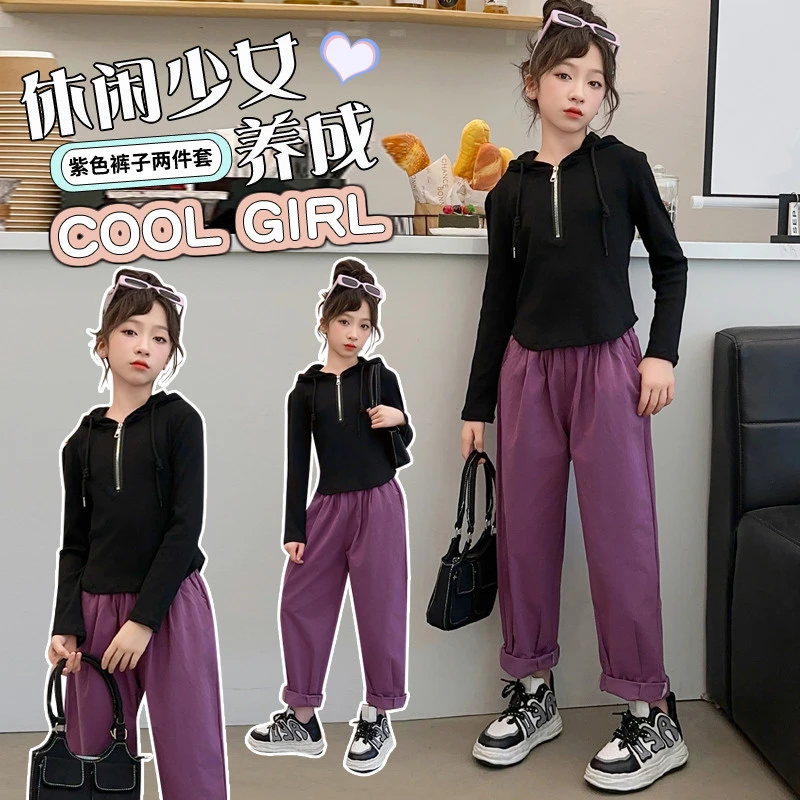 女童上衣春季新款洋气中大童女孩黑色半拉链连帽修身卫衣儿童秋装