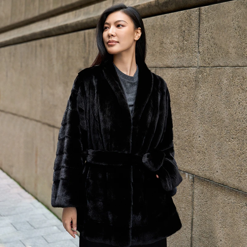 MKA5581 欧洲进口宝嘉美黑貂浴袍风小翻领系带外套水貂