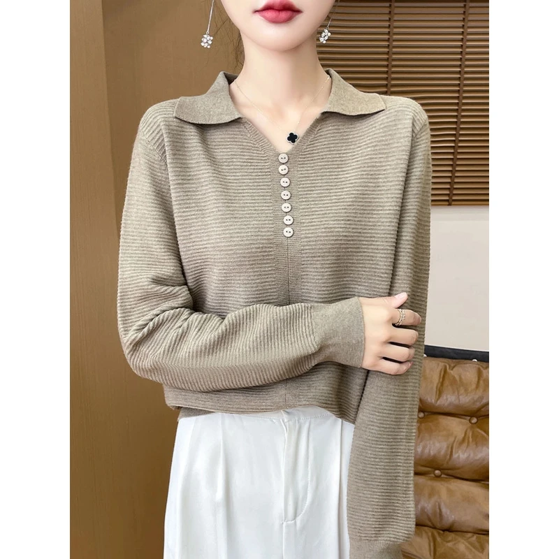 秋冬翻领Polo针织打底衫2024年新款时尚减龄薄款长袖毛衣女A127
