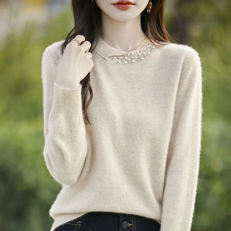 秋冬新款钉珠毛衣针织圆领上衣长袖宽松气质时尚洋气打底衫A126