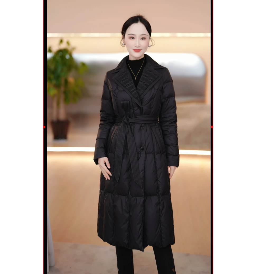 YAYA/鸭鸭2024冬季翻领显瘦高腰过膝女士保暖羽绒服YE3B633503U