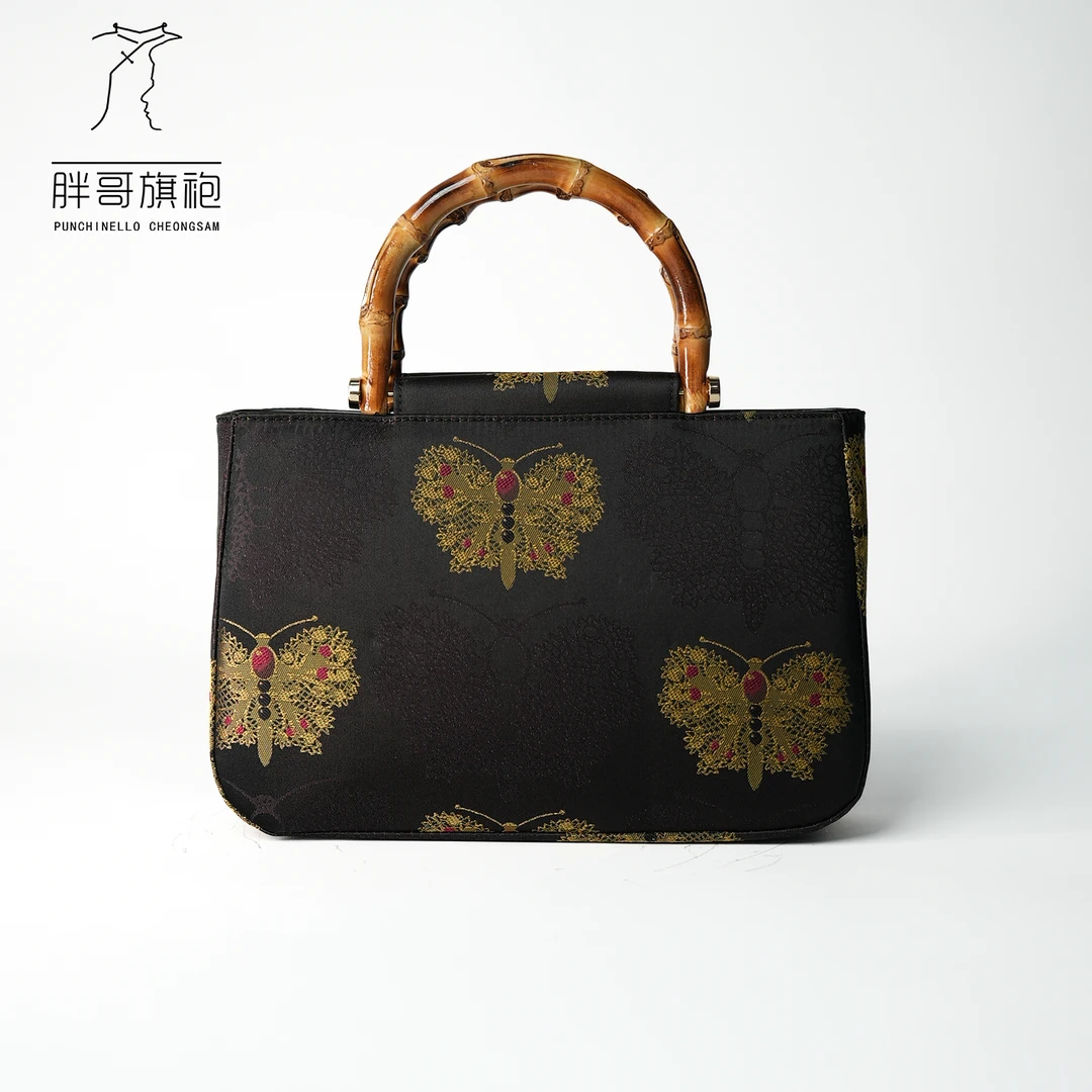 宋锦黑金蝴蝶大口袋单肩斜挎包花位随机发手提日常时尚女包056