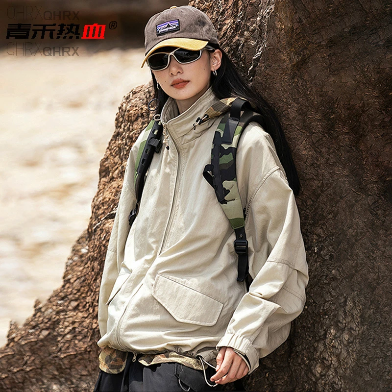 青禾热血男春秋新款美式户外休闲宽松可拆卸连帽防风运动外套