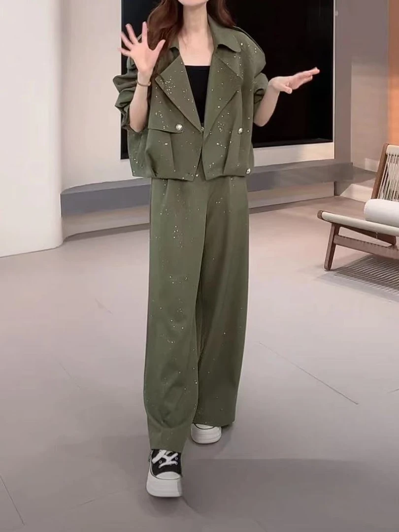 时尚气质休闲韩版显瘦三件套女2024新款秋季外套阔腿裤减龄套装2