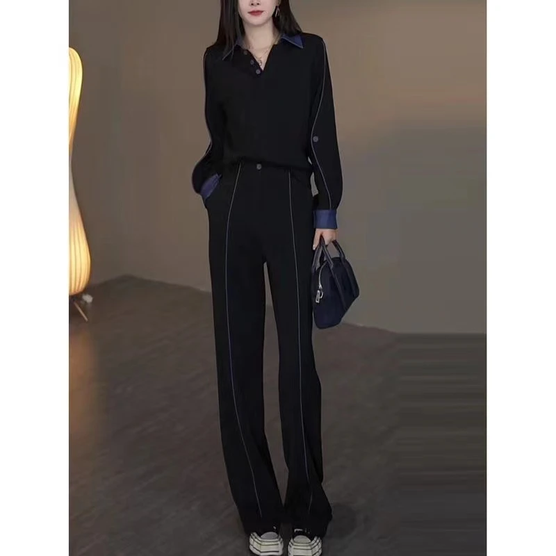 时尚简约休闲百搭显瘦上衣长裤两件套2024秋季新款胖妹妹遮肉套装