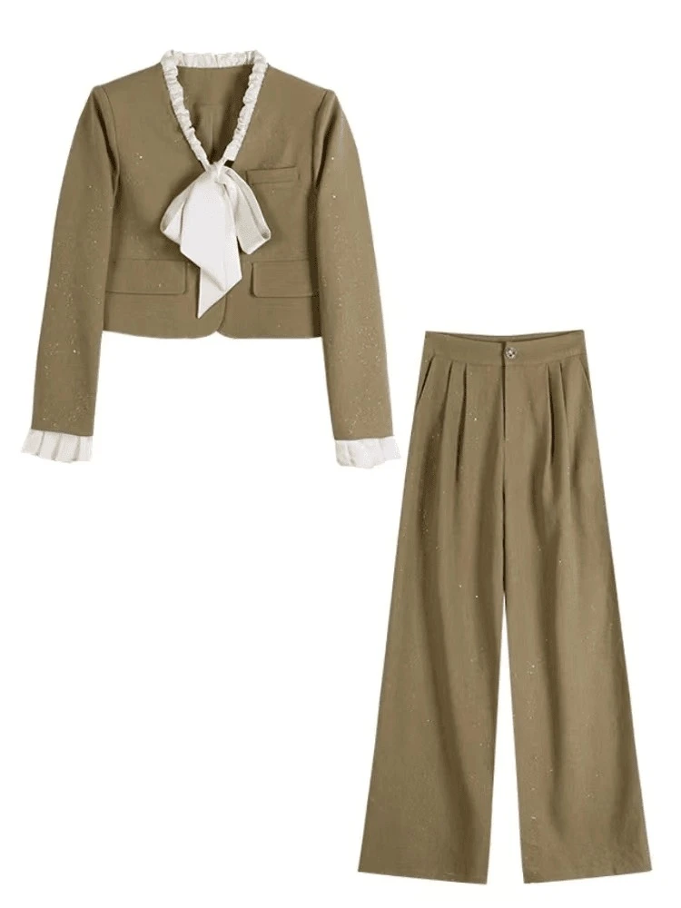 8859高级感小香风蝴蝶结洋气显瘦外套长裤两件套2025新款秋季套装