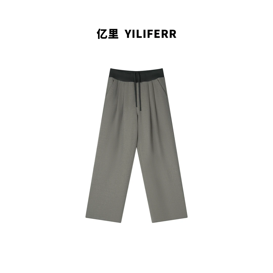 【YILI显瘦女装】直筒阔腿抽绳拼色设计显瘦休闲裤Y0313