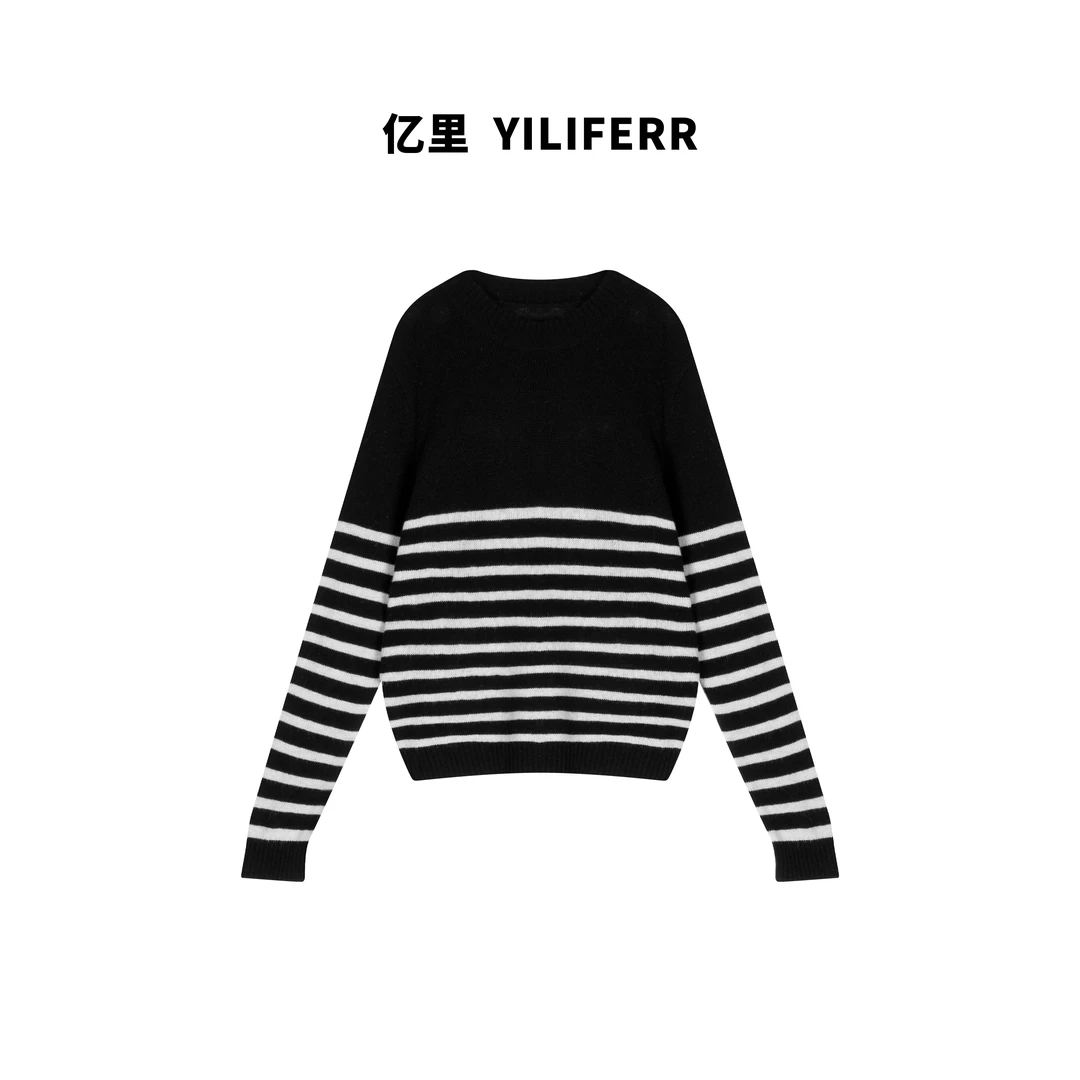 【YILI显瘦女装】黑白时尚条纹打底宽松慵懒时尚上衣Y0328