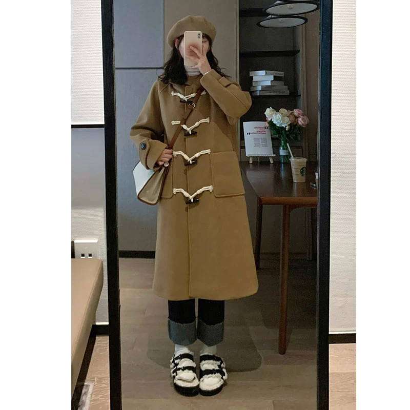 《不起球》2024新款毛呢外套秋冬小个子韩驼色牛角扣呢子大衣女大衣