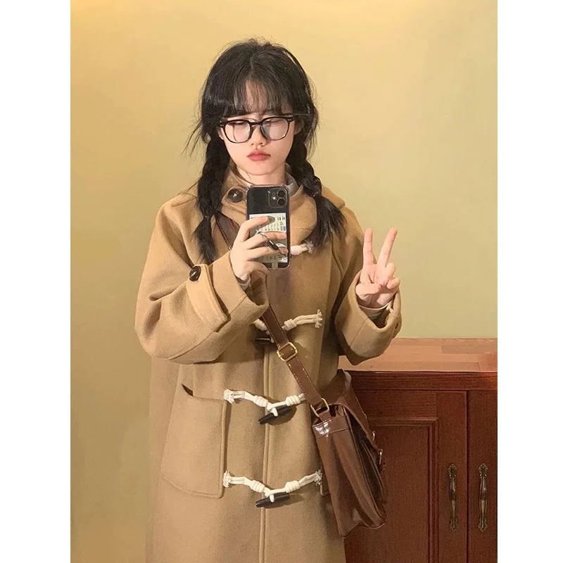 【不起球】小个子韩驼色牛角扣呢子大衣女大衣2024新款毛呢外套秋冬