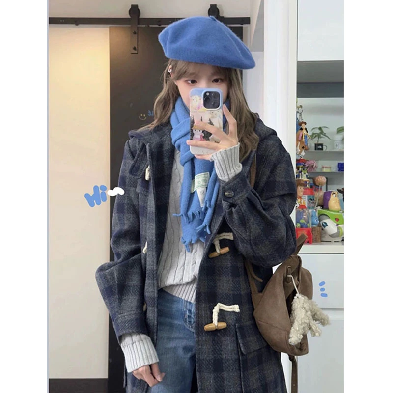 格纹牛角扣呢子大衣女秋冬高级感毛呢外套2023新款小个子加厚爆款