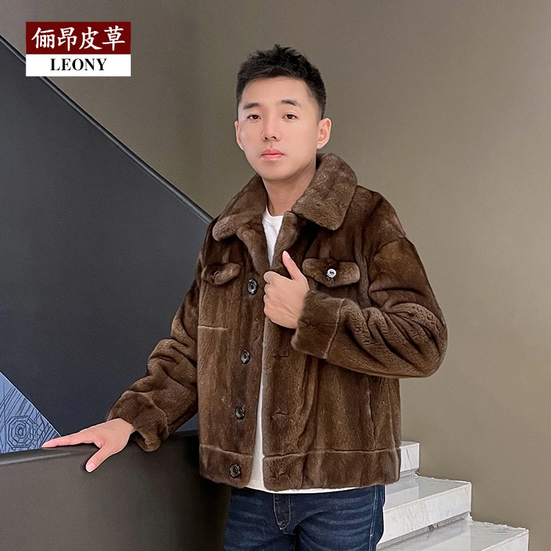 【扬叔推荐】俪昂 男士大衣21015时尚外套翻领水貂毛皮复古休闲 咖