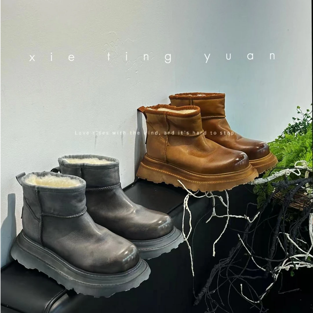 微瑕（完美主义谨慎拍）水洗做旧擦牛皮羊毛一体厚底加厚雪地靴9616