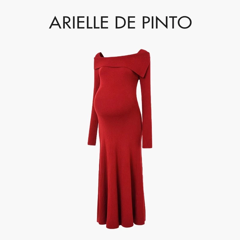 法国ARIELLE DE PINTO孕妇装秋冬季法式修身红色显瘦针织连衣裙