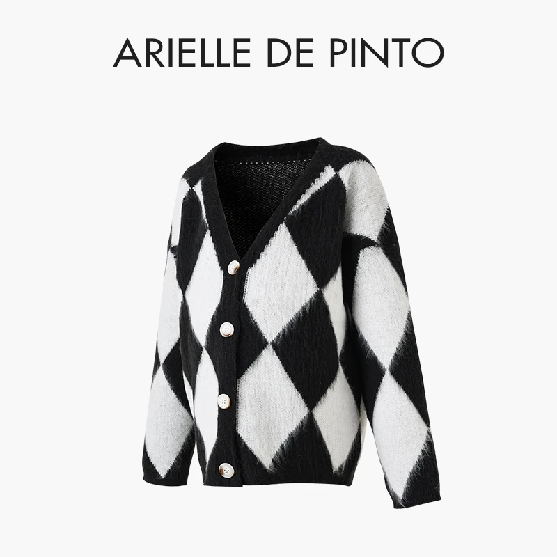 法国 ARIELLE DE PINTO 孕妇装秋冬款慵懒风菱格加厚针织开衫外套