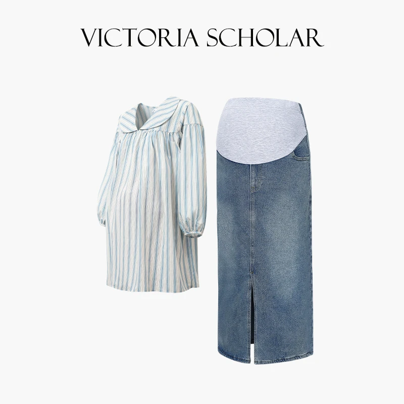 法国 ARIELLE DE PINTO孕妇装秋冬娃娃领衬衣牛仔半身裙两件套