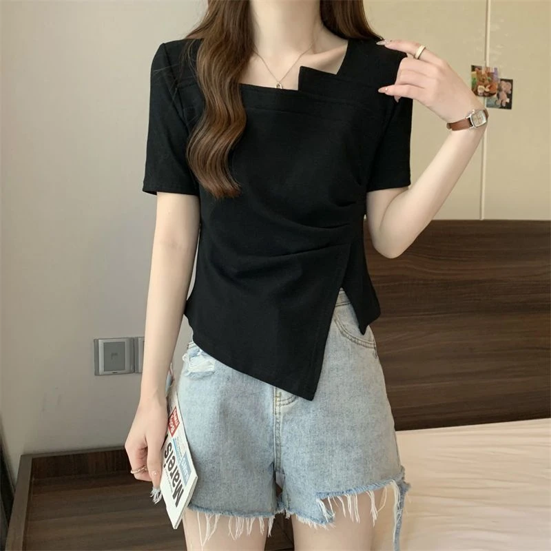不规则短袖T恤女夏季微胖mm显瘦设计感上衣显瘦别致独特漂亮小衫